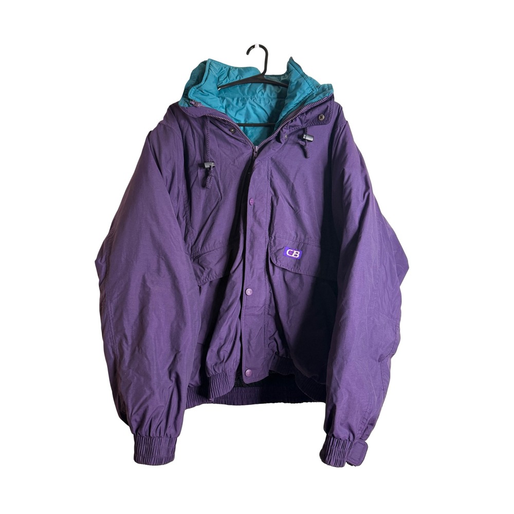 Vintage CB Sports Men's L Purple Teal Ski Jacket Hooded 90s Colorblock Nylon